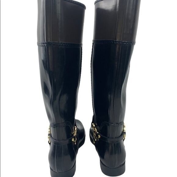 Michael Kors Fulton Harness Glossy Rubber Boots w/Gold Logo Black/Brown, Size 6 - Picture 4 of 11
